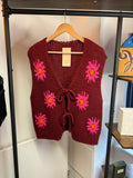 Hand-Knitted Floral Tie Vest – Burgundy