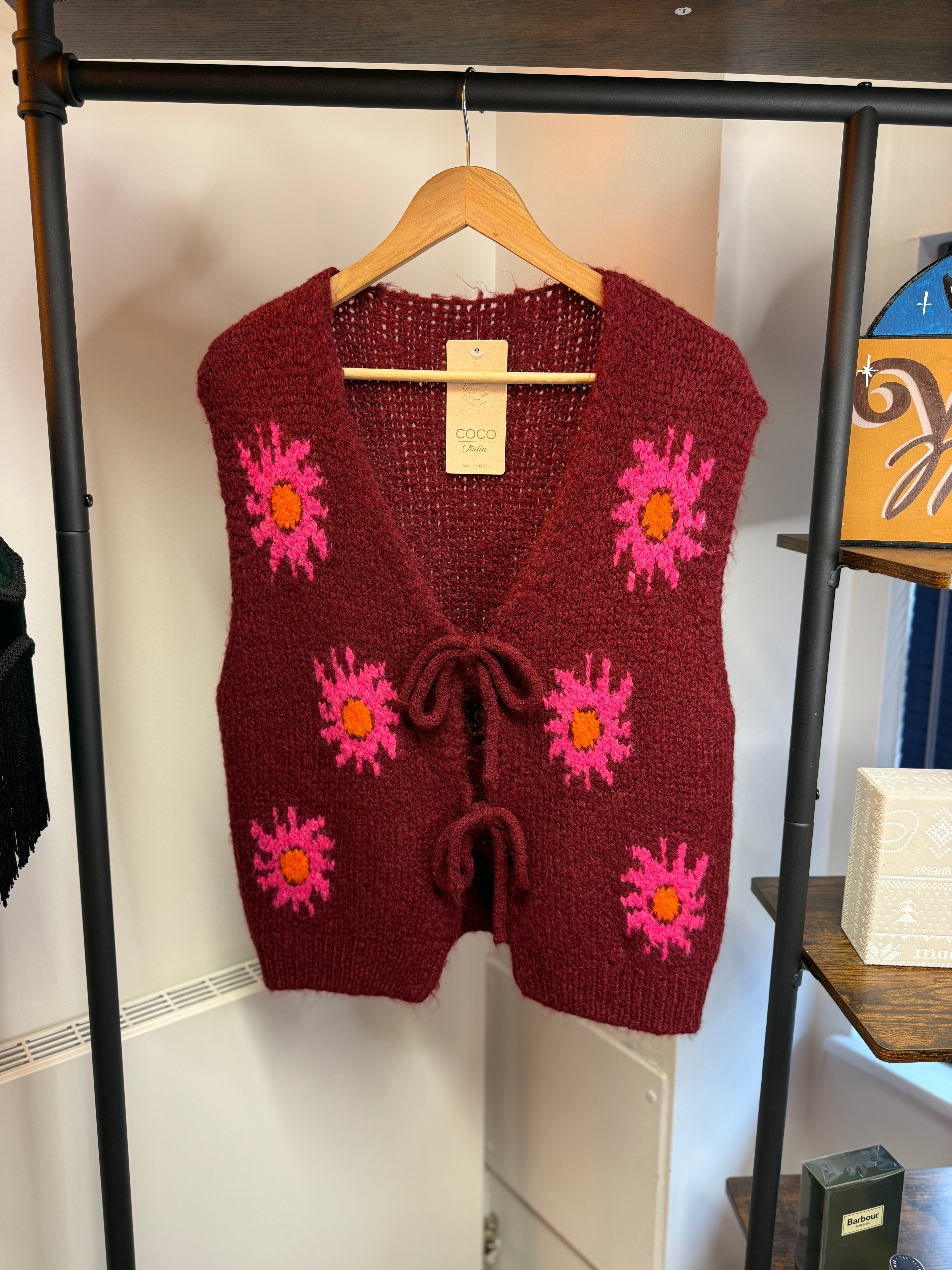 Hand-Knitted Floral Tie Vest – Burgundy