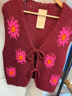 Hand-Knitted Floral Tie Vest – Burgundy