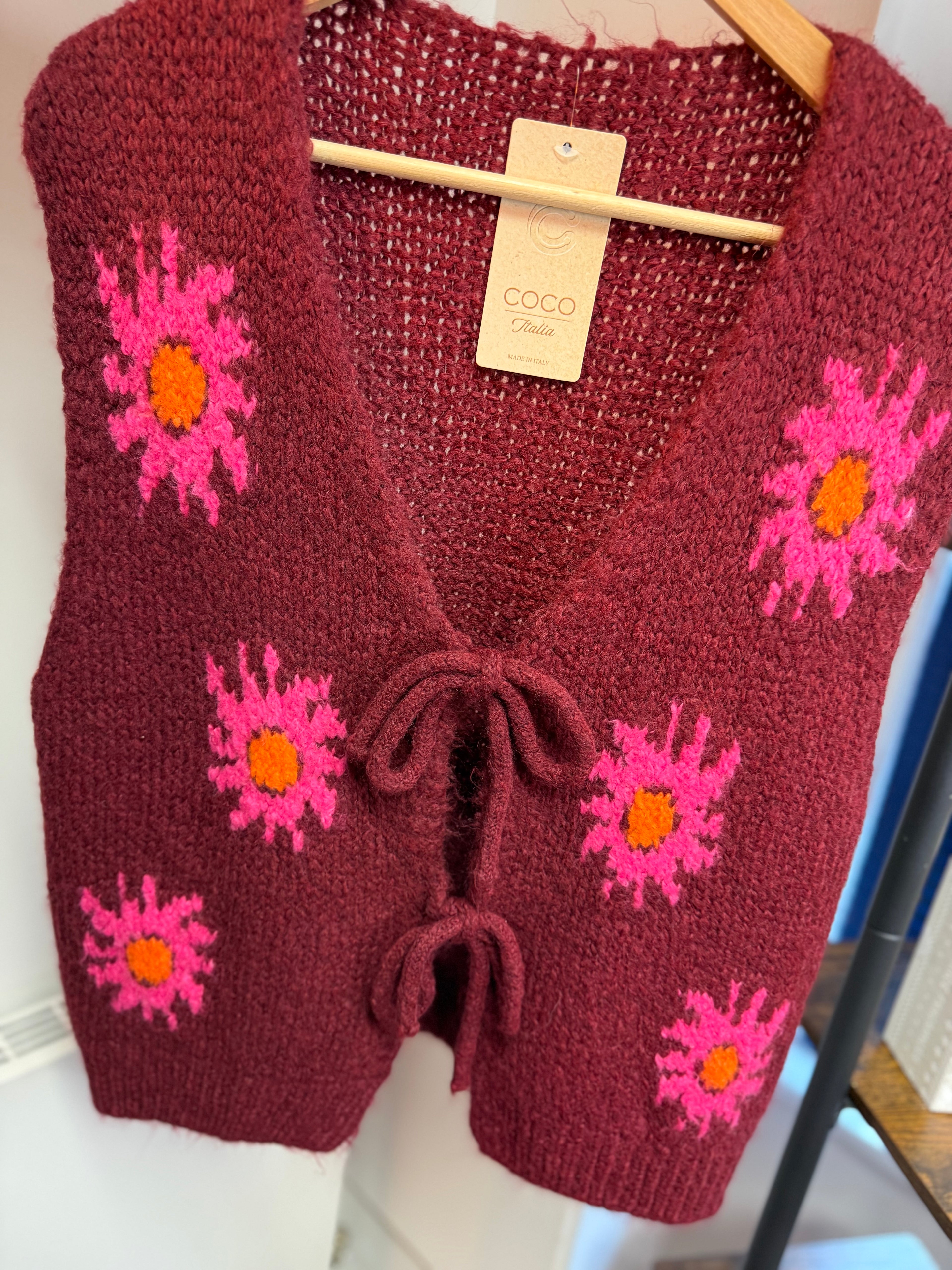 Hand-Knitted Floral Tie Vest – Burgundy