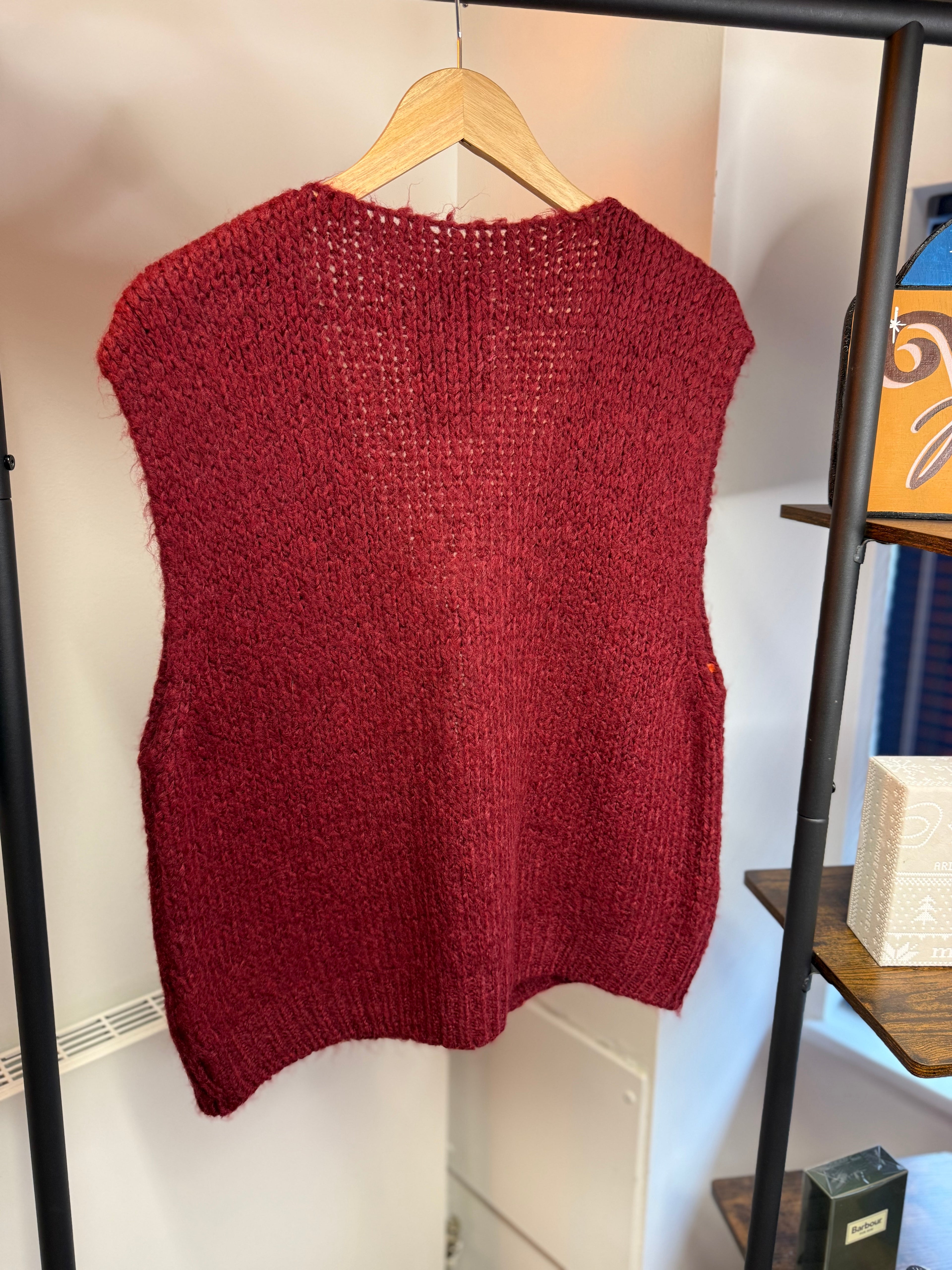 Hand-Knitted Floral Tie Vest – Burgundy