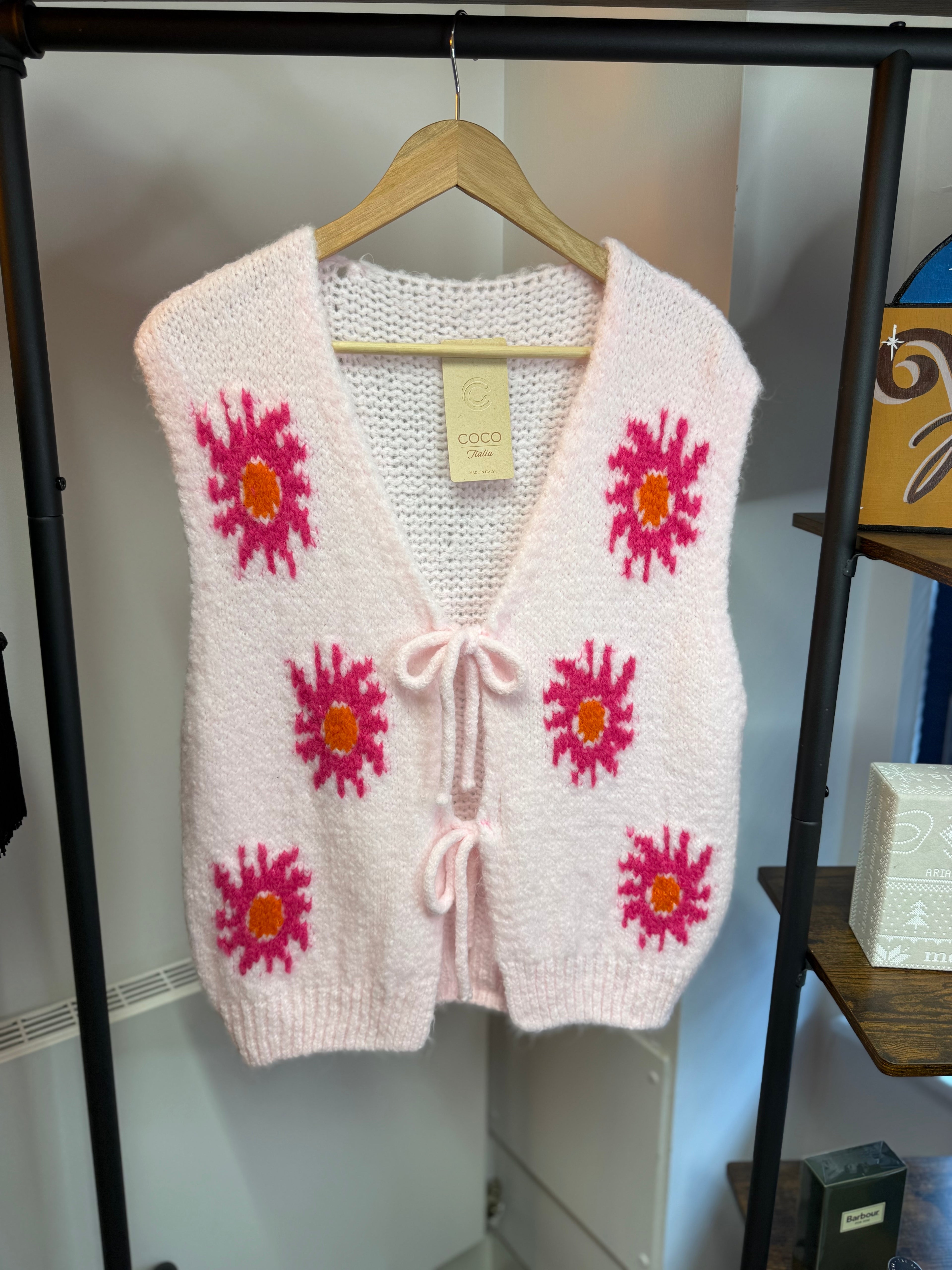 Hand-Knitted Floral Tie Vest – Soft Pink