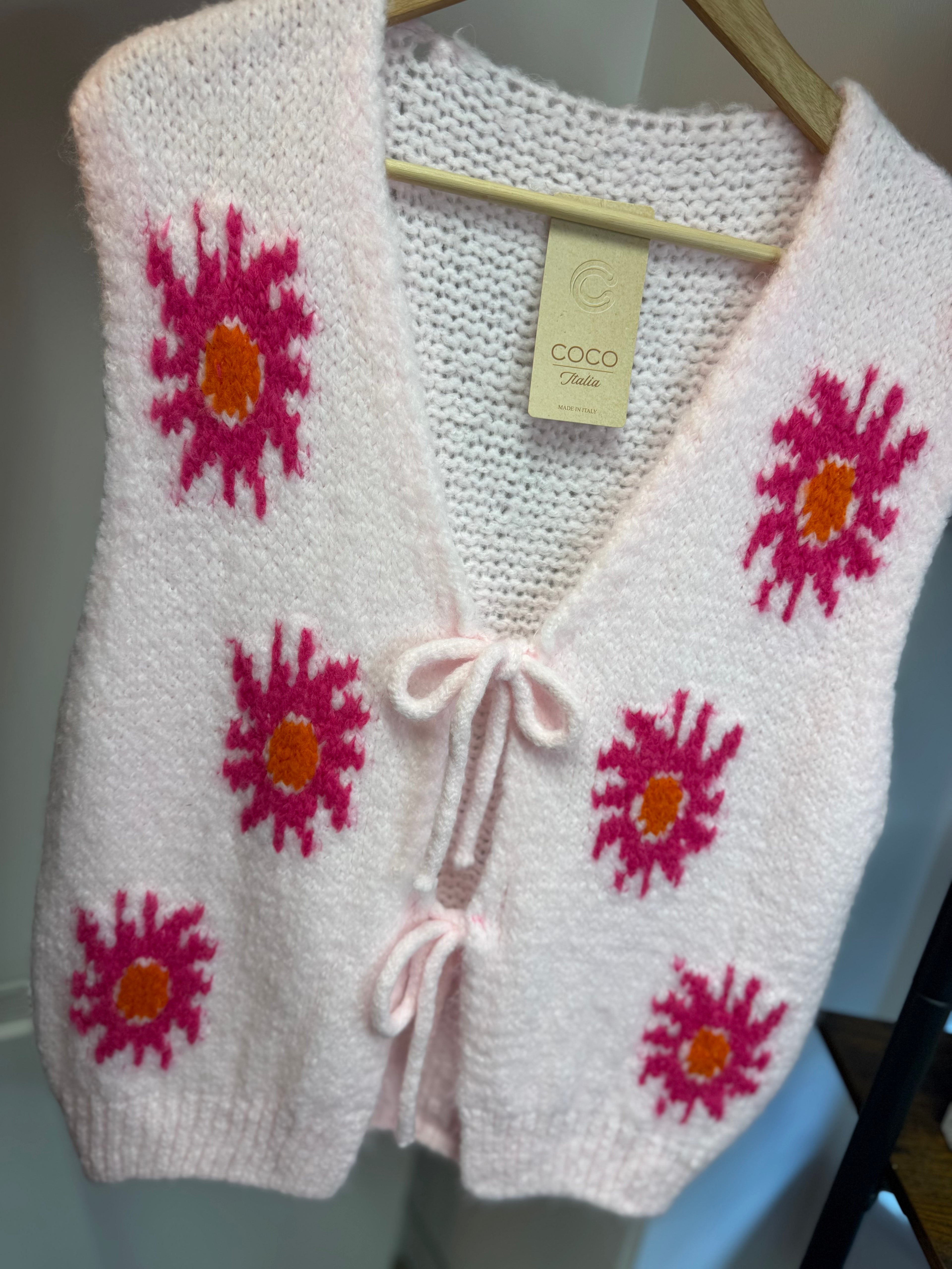 Hand-Knitted Floral Tie Vest – Soft Pink