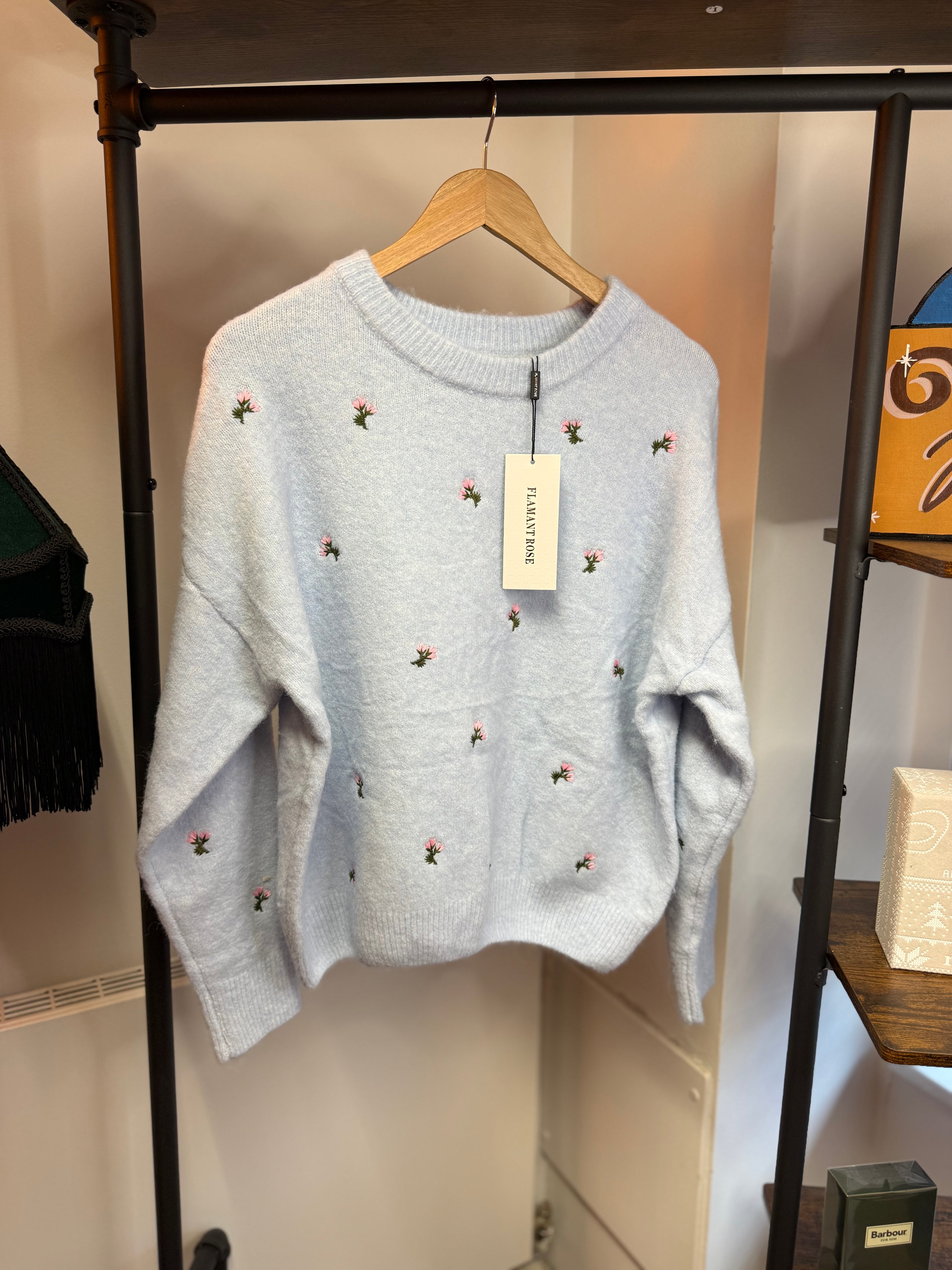 Embroidered Floral Knit Jumper – Soft Blue (One Size)