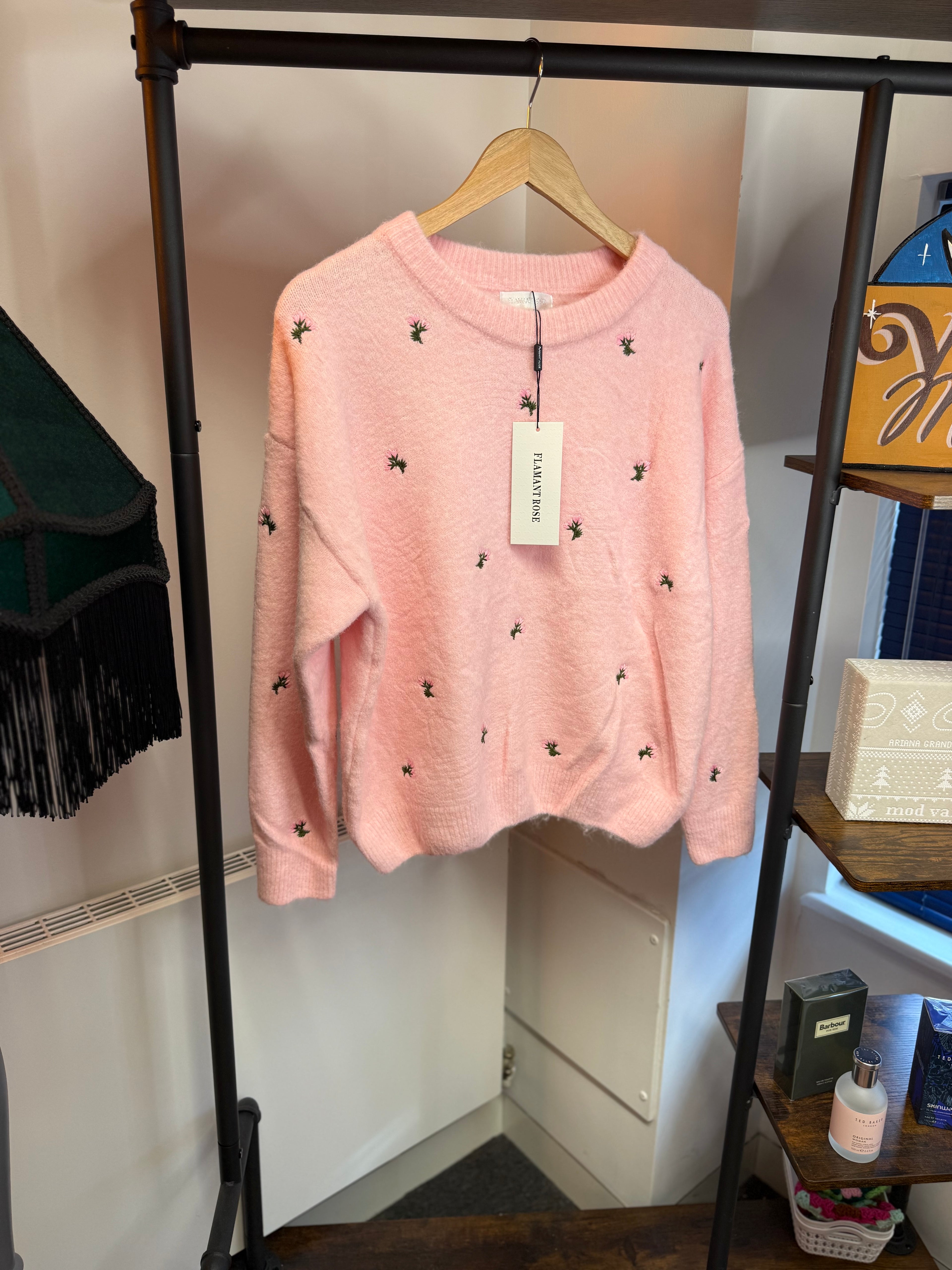 Embroidered Floral Knit Jumper – Soft Pink (One Size)