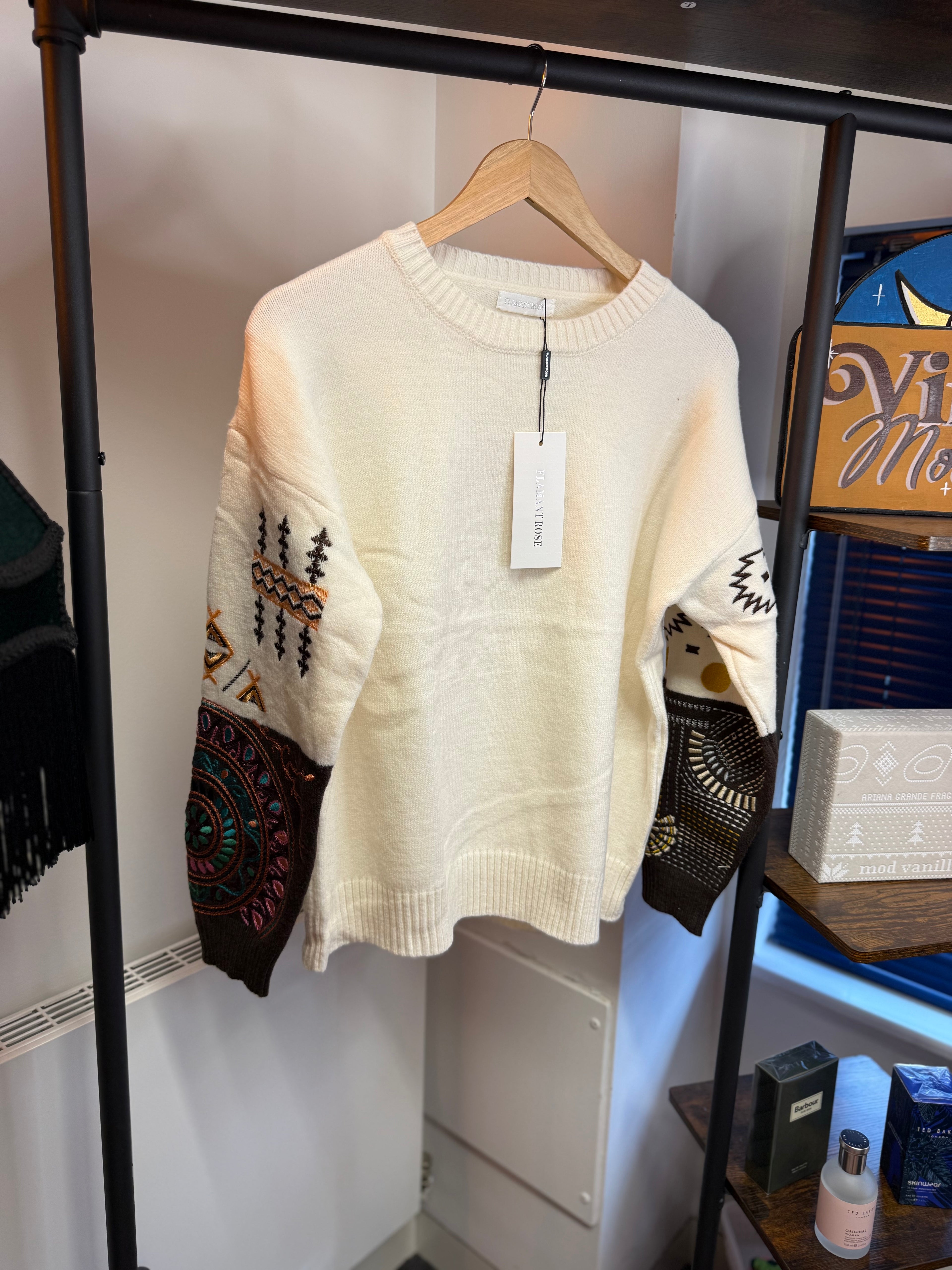 Embroidered Sleeve Knit Jumper – Cream (One Size)